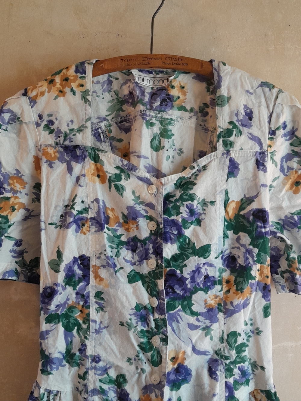 546a. white & blue vintage Uni Mondo floral short sleeve 80s 90s midi dress, M? - Picture 6 of 8